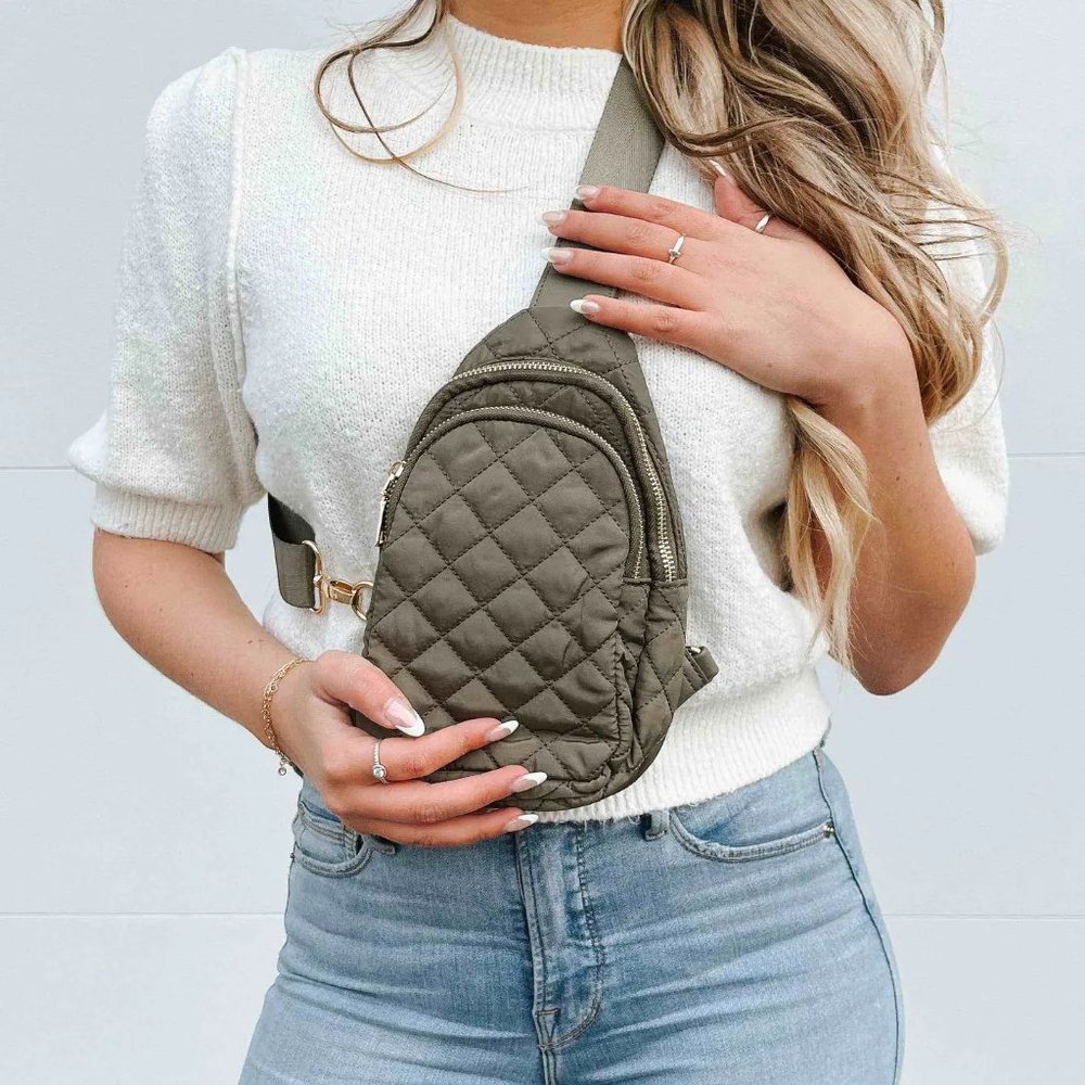 Quilted Crossbody Sling Bag in Olive
